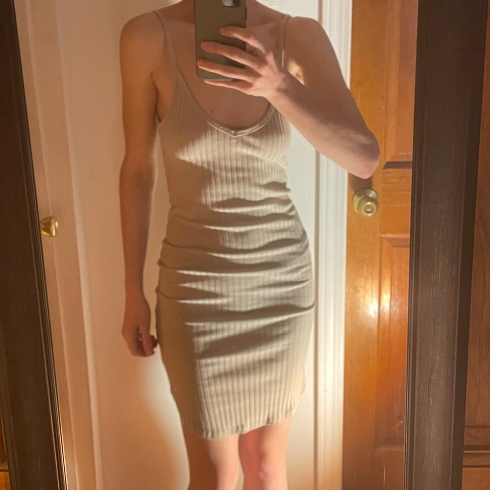 Tan, stretchy, bodycon dress